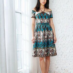 Vintage White, Black, Turquoise + Gold Sparkle Boho Dress Cottagecore Whimsy